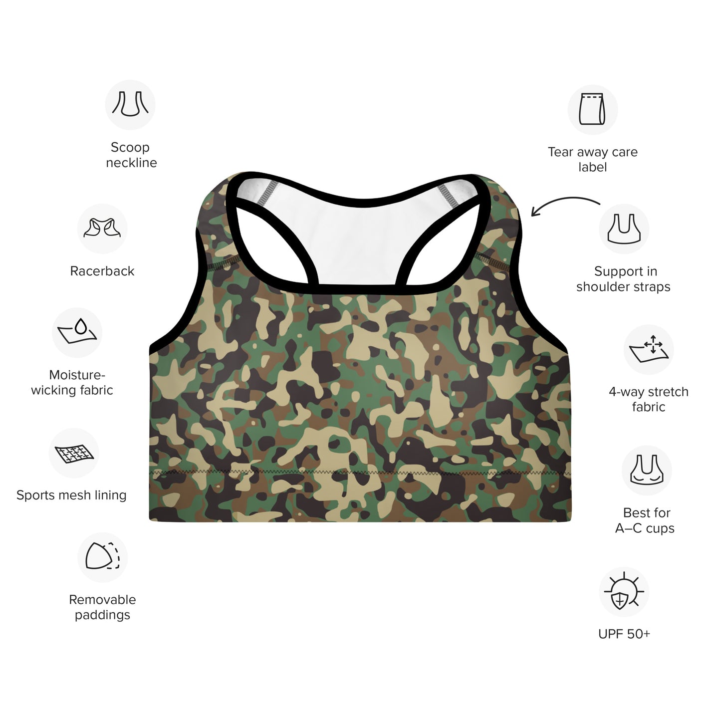 Padded Sports Bra -  Brown Green & Tan Camouflage