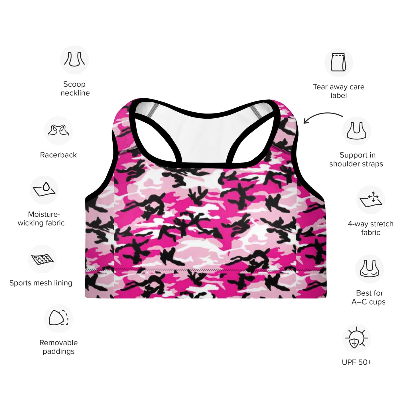 Padded Sports Bra - Pink White & Black Camouflage