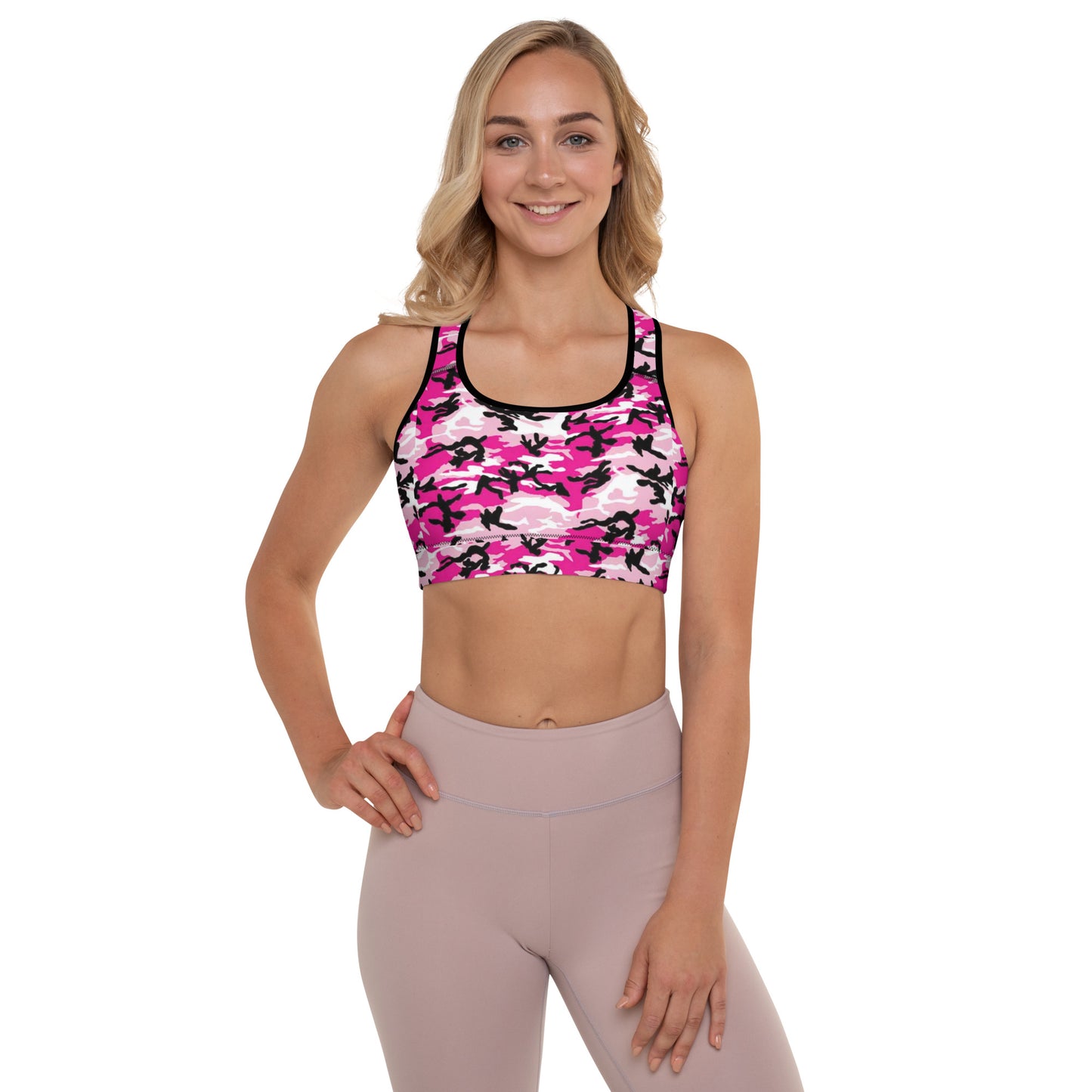 Padded Sports Bra - Pink White & Black Camouflage