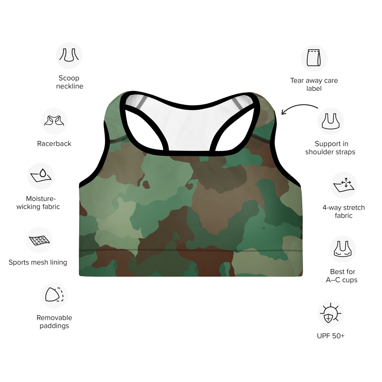 Padded Sports Bra - Greens & Browns Camouflage