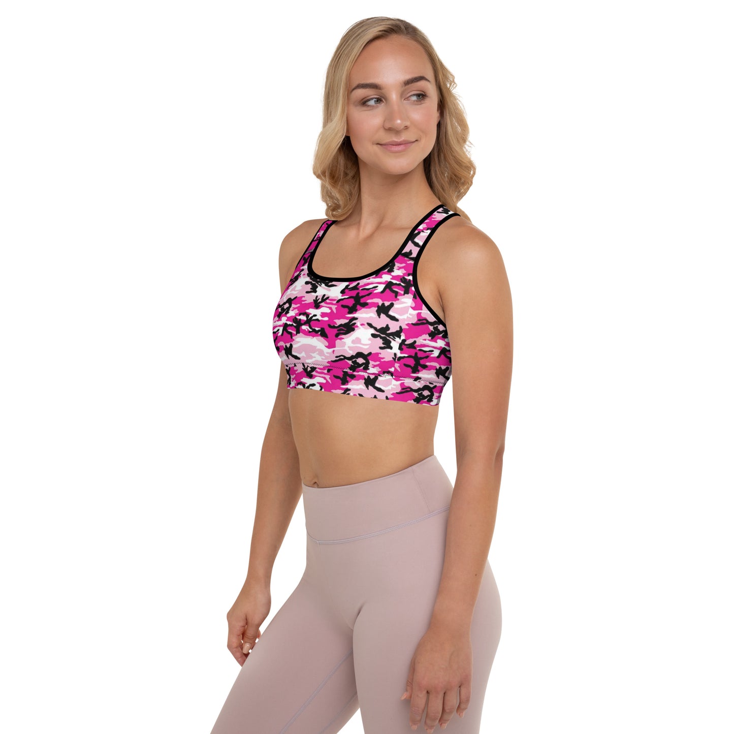 Padded Sports Bra - Pink White & Black Camouflage