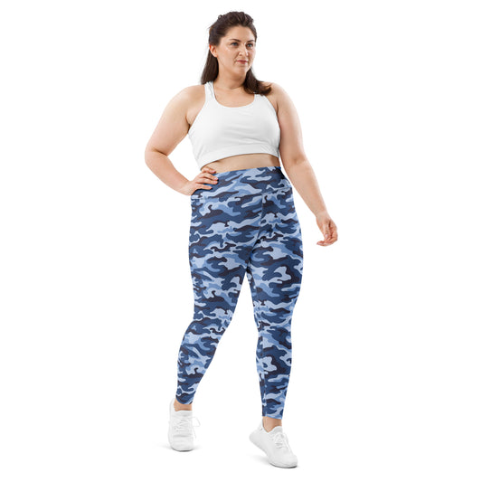 All-Over Print Plus Size Leggings - Blue & White Camouflage