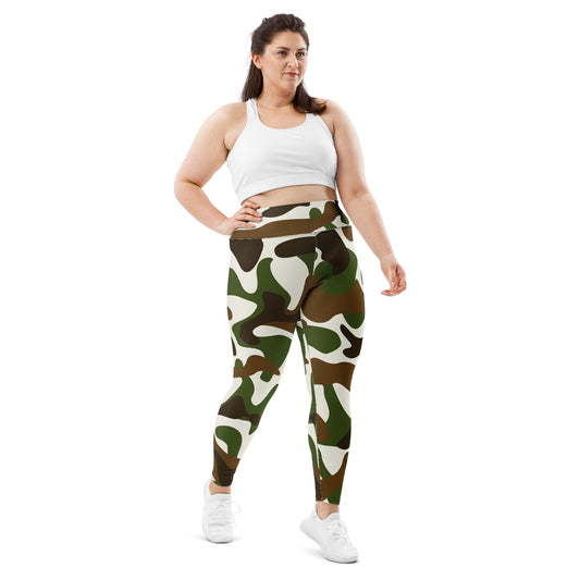 All-Over Print Plus Size Leggings - Green White & Brown