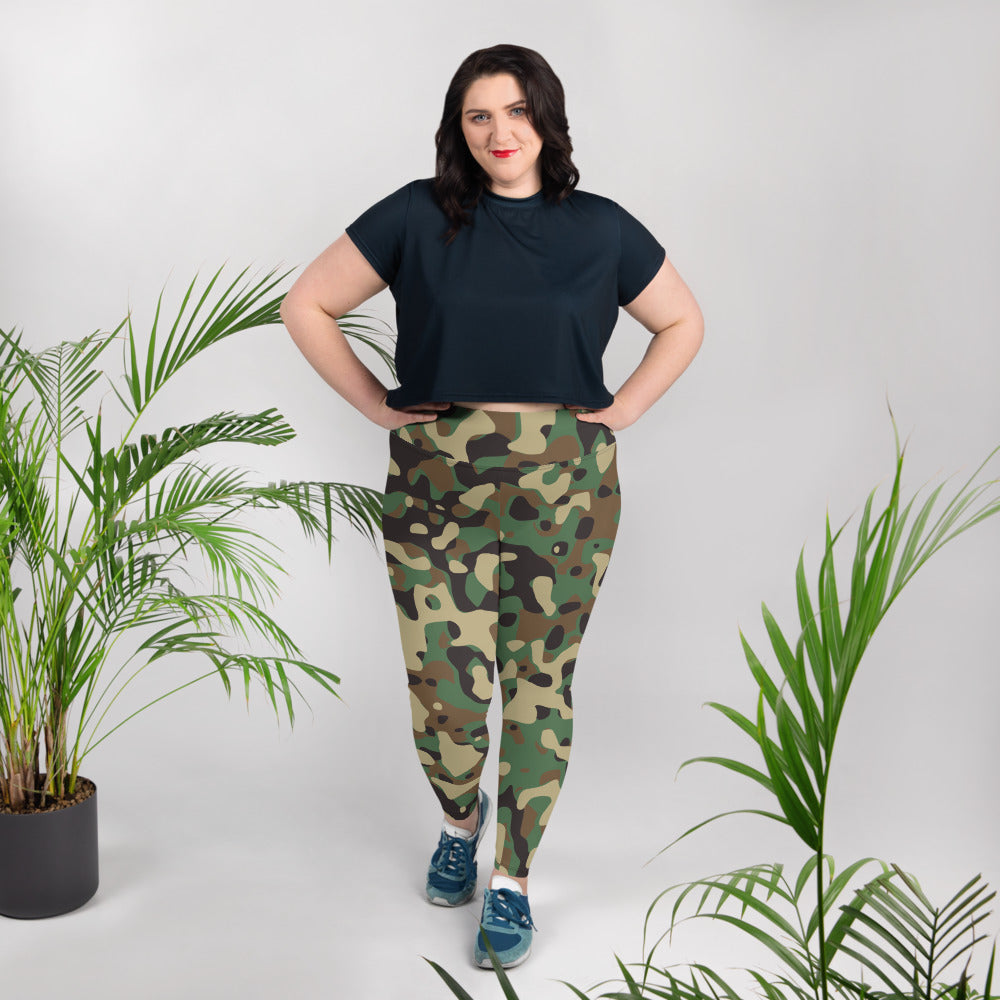 All-Over Print Plus Size Leggings - Green Beige & Brown Camouflage