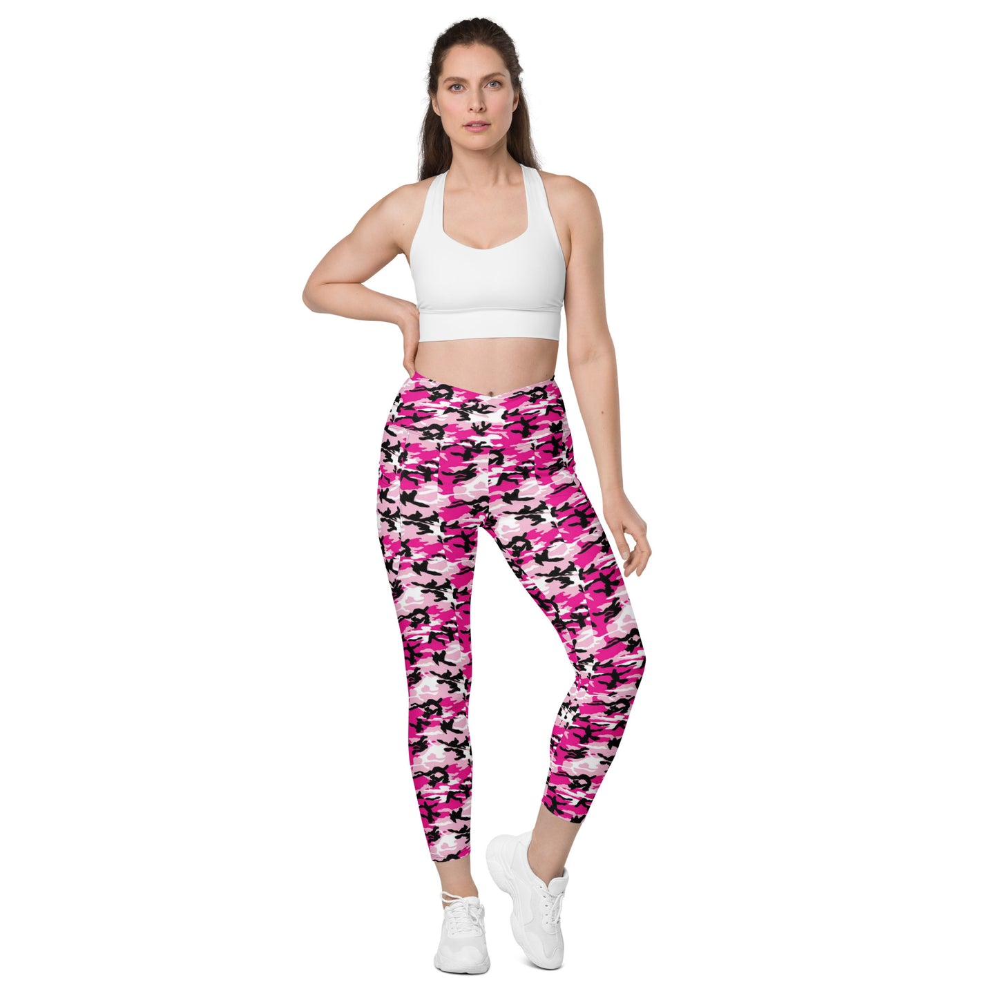 Crossover leggings with pockets - Pink White & Black Camouflage