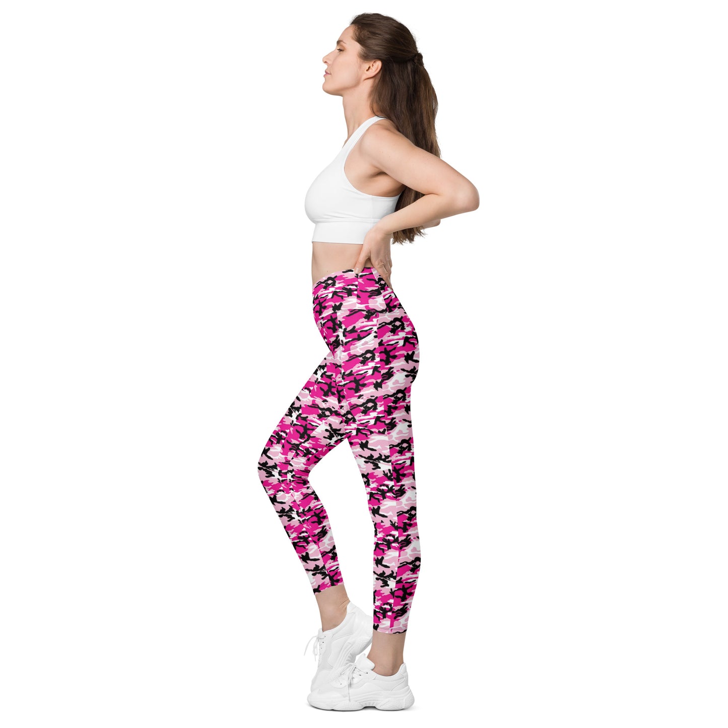 Crossover leggings with pockets - Pink White & Black Camouflage