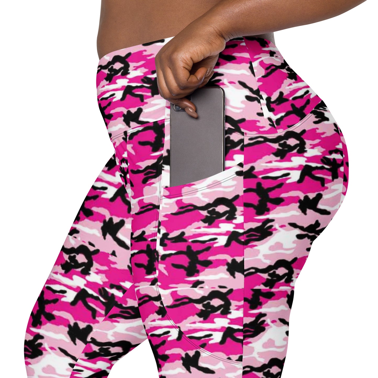 Crossover leggings with pockets - Pink White & Black Camouflage