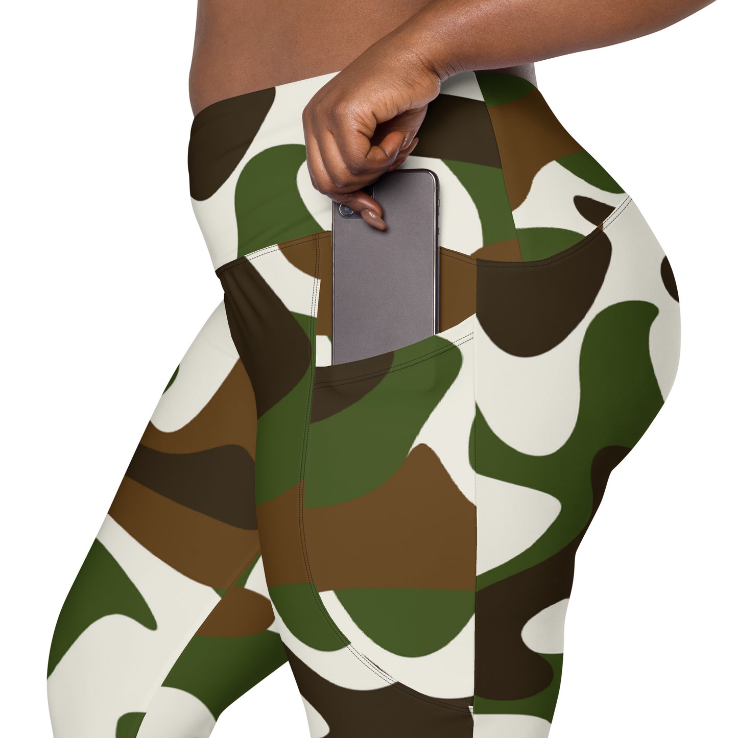 Crossover leggings with pockets - Beige Brown & White Camouflage