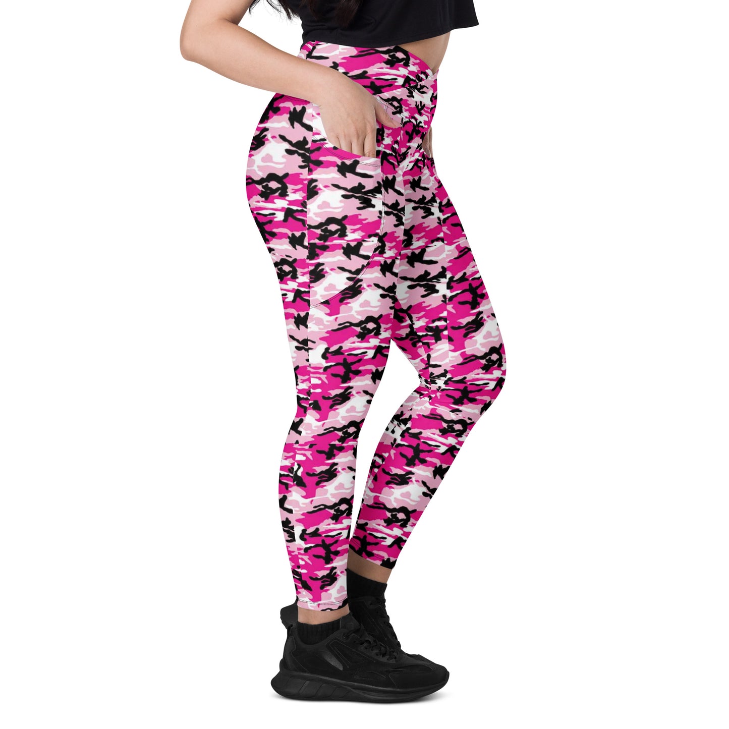 Crossover leggings with pockets - Pink White & Black Camouflage