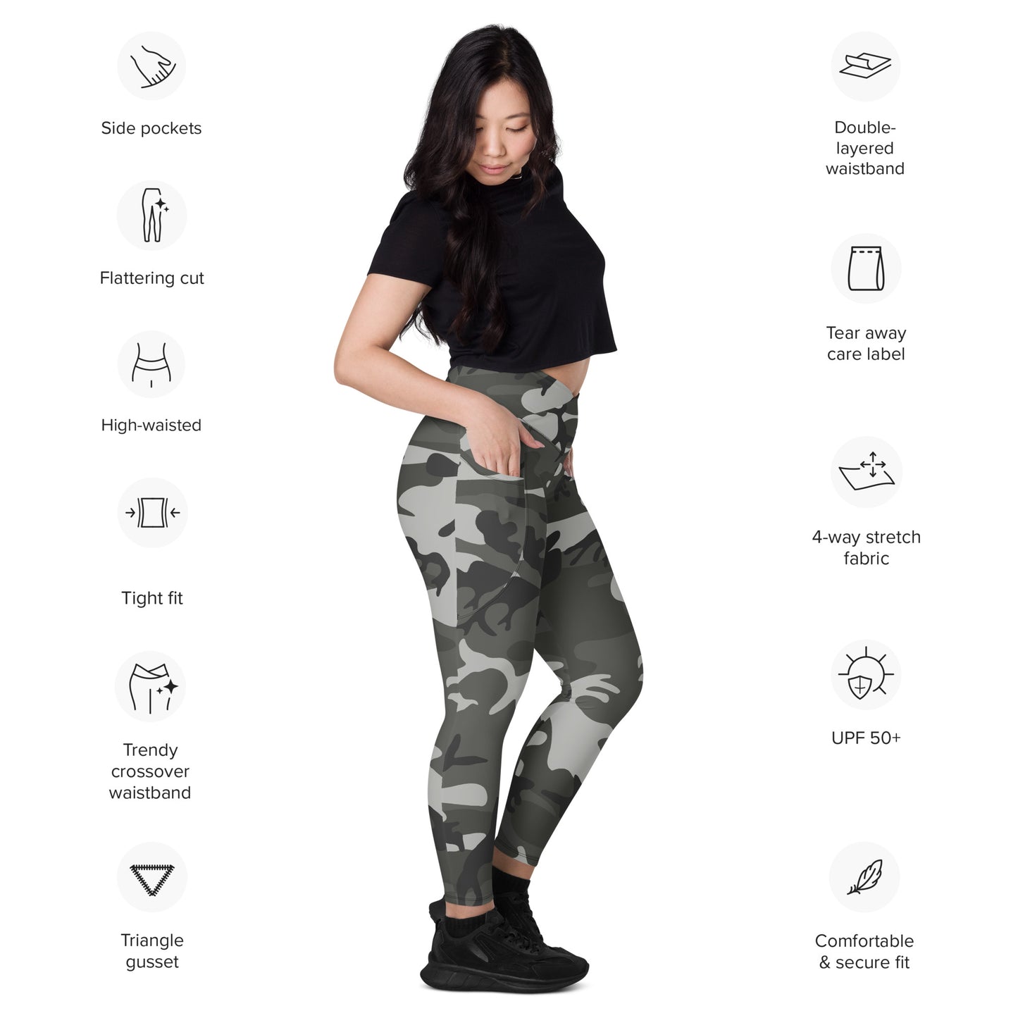 Crossover leggings with pockets - Shades of Green Camouflage