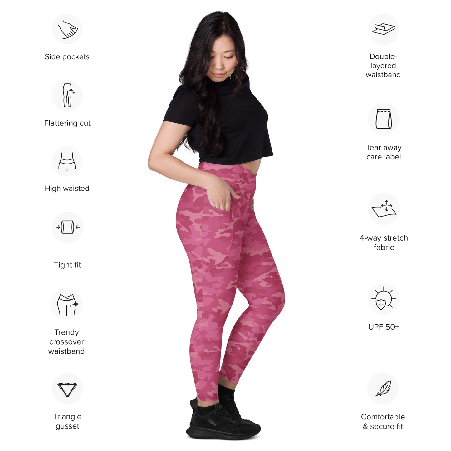 Crossover leggings with pockets - Pink Pink Camouflage