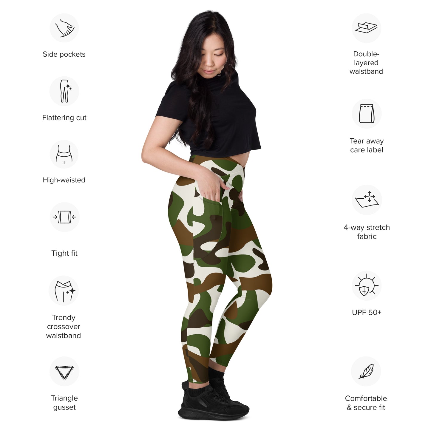 Crossover leggings with pockets - Beige Brown & White Camouflage