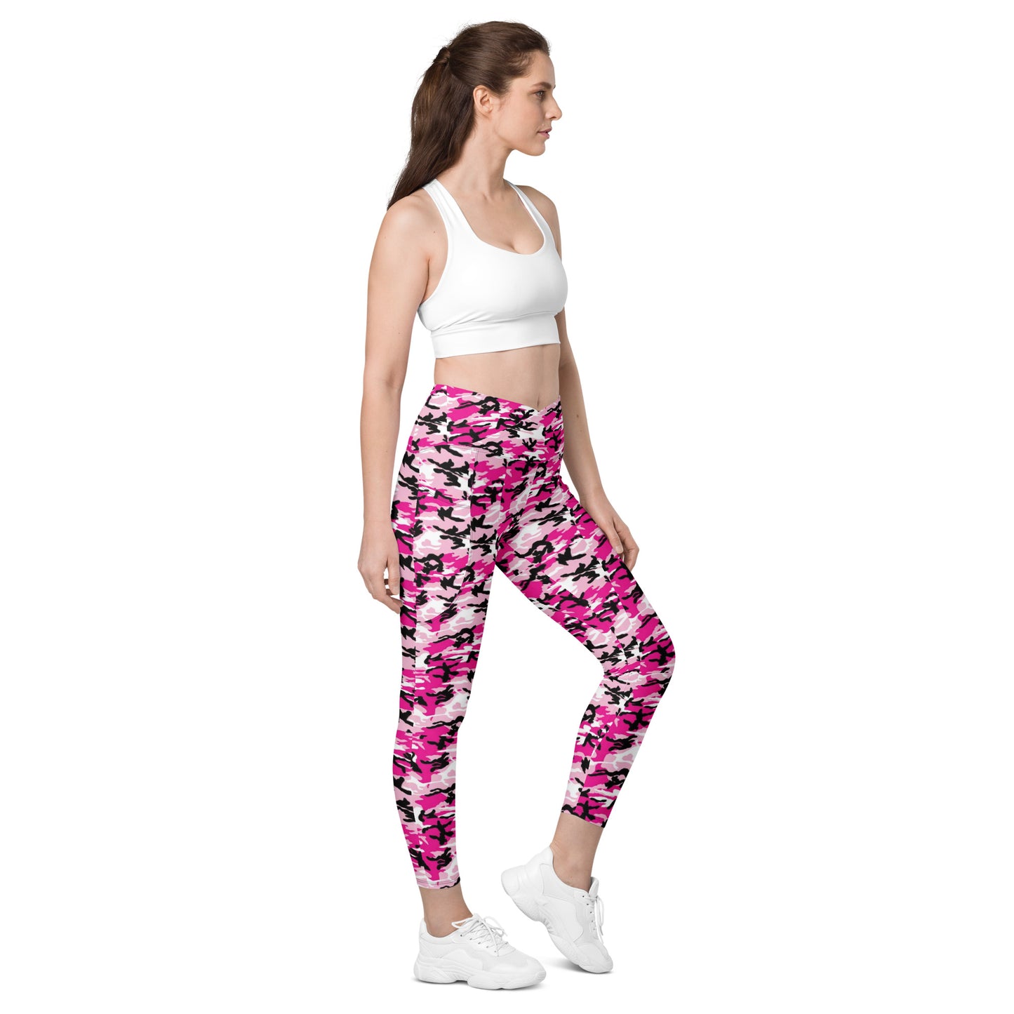 Crossover leggings with pockets - Pink White & Black Camouflage