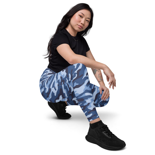 Crossover leggings with pockets - Blue Camouflage