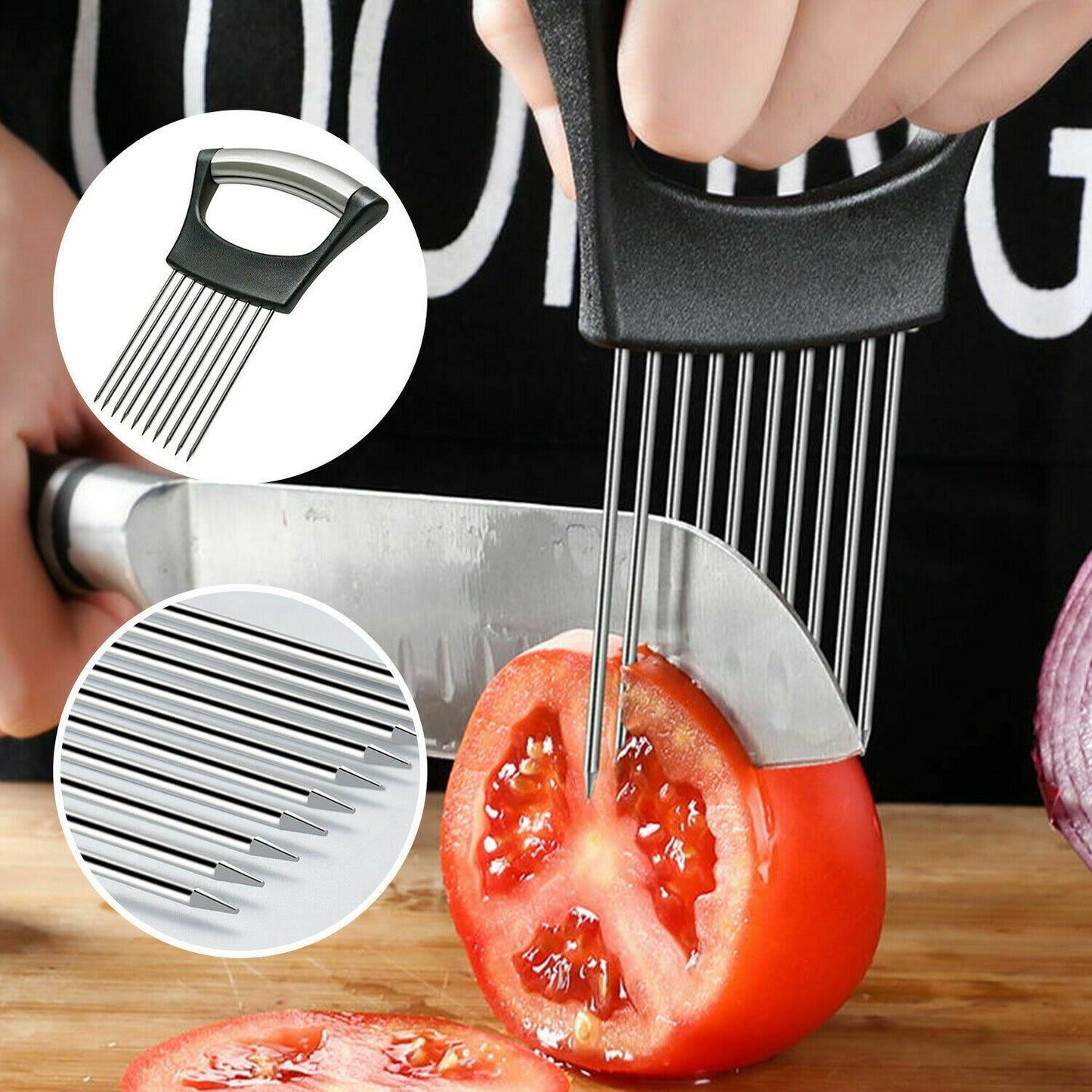 Food Slice Assistant - Stainless Steel Onion Holder Slicer Tomato Cutter Non Slip (Free Shipping)