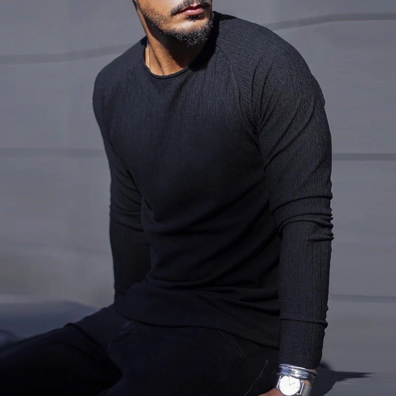 Round Neck Long Sleeve Slim Fitting Solid Color Knit Shirt For Men