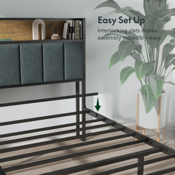 King-size Bed Frame With Charging Station And LED Lights - Upholstered Headboard With Storage Shelves