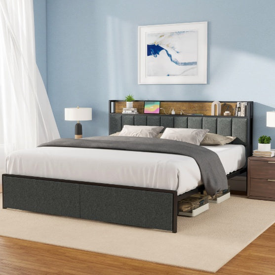 Large Queen Bed Frame With Charging Station And LED Lights - Padded Headboard With Storage Shelves, Heavy-duty Metal Slats