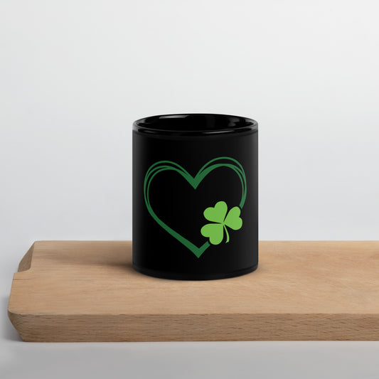 Black Glossy Mug - St Patty's Day Heart Clover