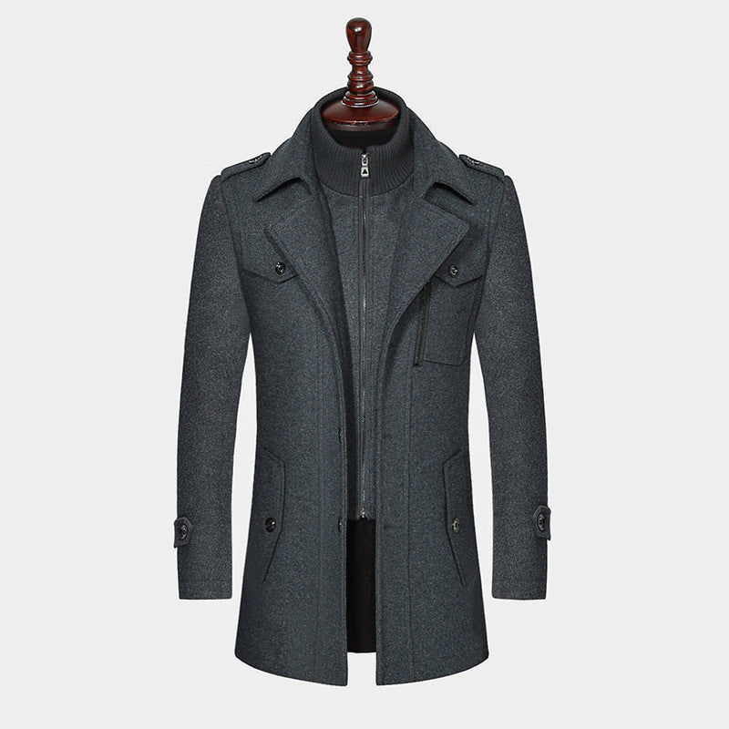 Men's Woolen Coat Double Collar Standard Vertical Zipper Coat Jacket