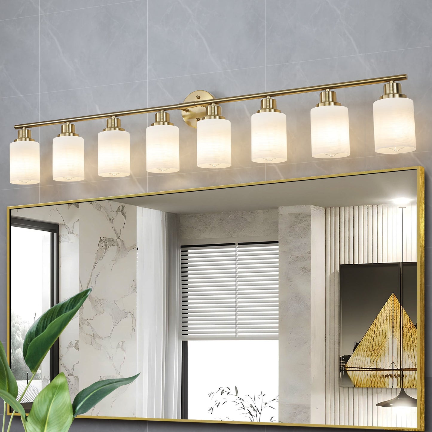 8-Light Golden Bathroom Vanity Light Fixture, Frosted Glass Shades,