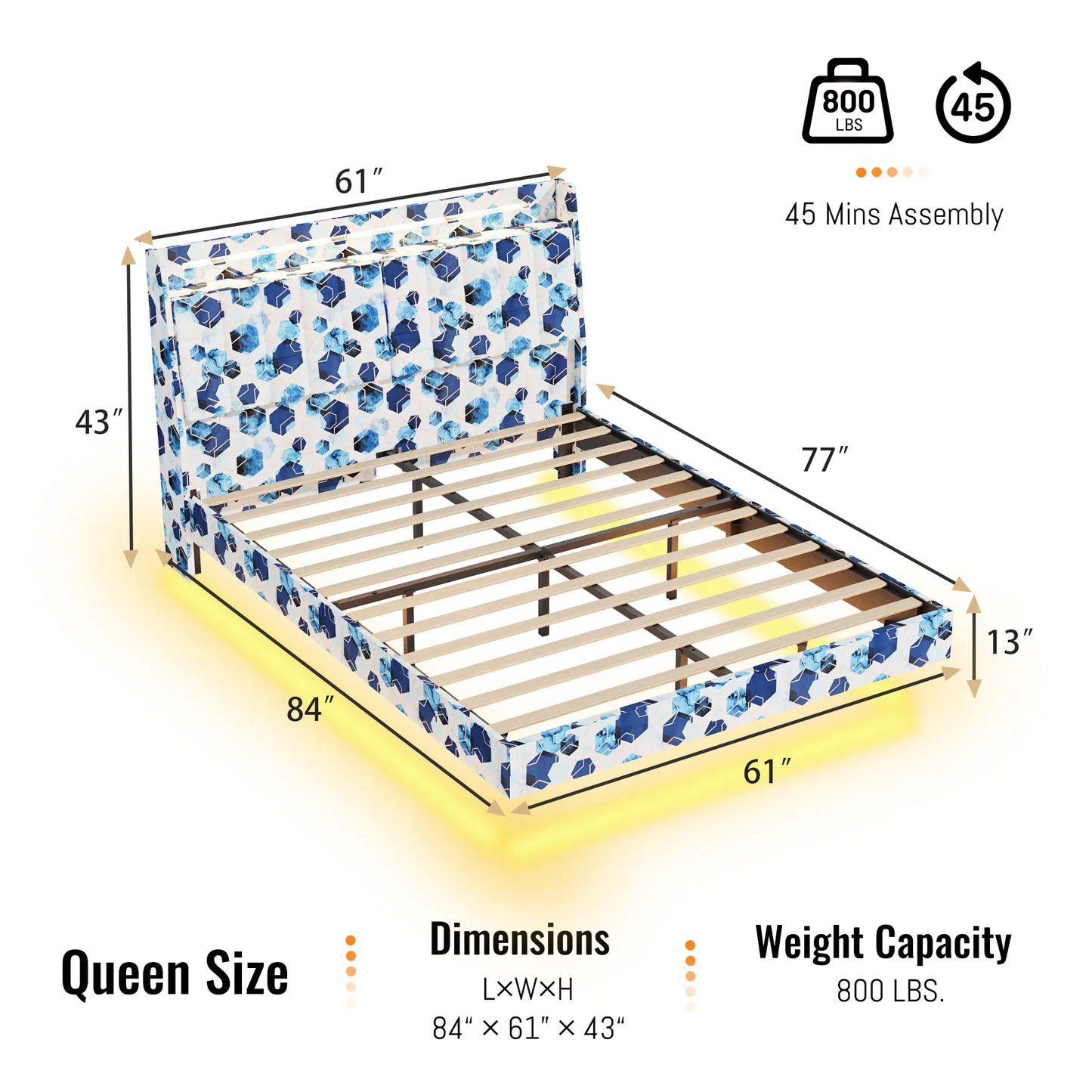 King Floating Bed Frame with LED Light and Charging Station Upholstered Platform Bed Frame No Spring Mattress Required