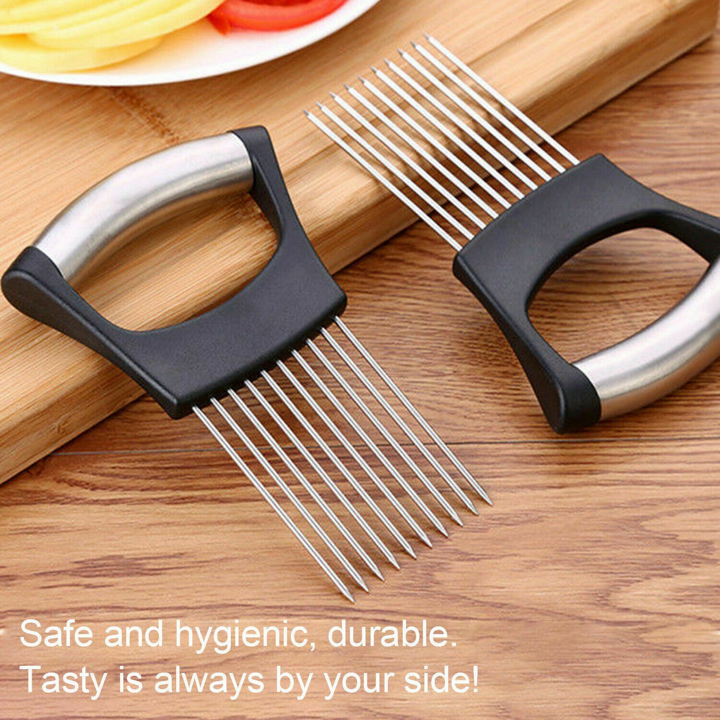 Food Slice Assistant - Stainless Steel Onion Holder Slicer Tomato Cutter Non Slip (Free Shipping)