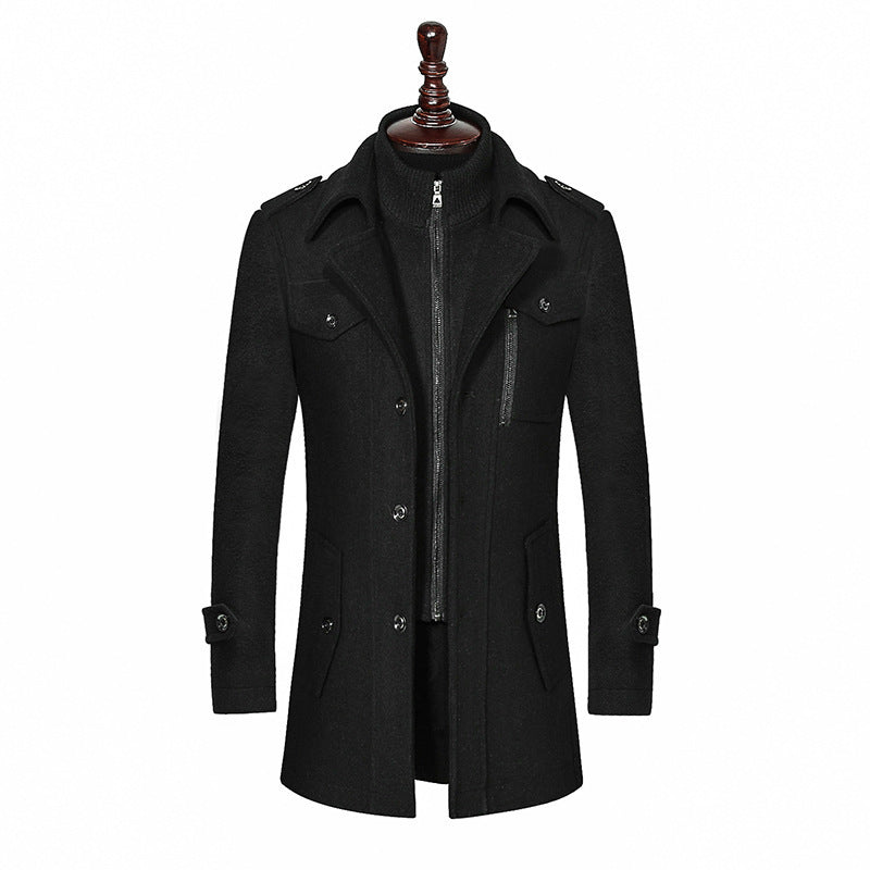 Men's Woolen Coat Double Collar Standard Vertical Zipper Coat Jacket