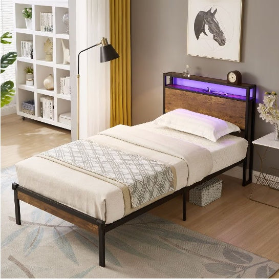 Full Size Metal Platform Bed Frame With Wooden Headboard And Footboard With USB LINER Box Spring Needed