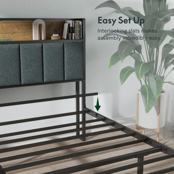 Large Queen Bed Frame With Charging Station And LED Lights - Padded Headboard With Storage Shelves, Heavy-duty Metal Slats