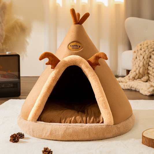 Christmas Autumn And Winter Dog Elk Tent Mongolian Bag Kennel Warm Thickened Closed Cat Nest Pet Bed