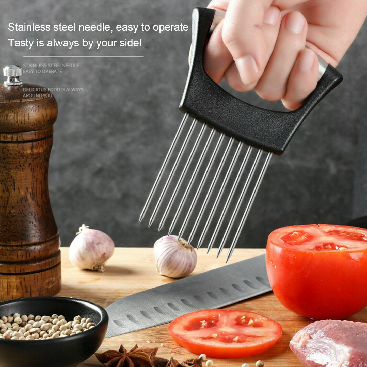 Food Slice Assistant - Stainless Steel Onion Holder Slicer Tomato Cutter Non Slip (Free Shipping)