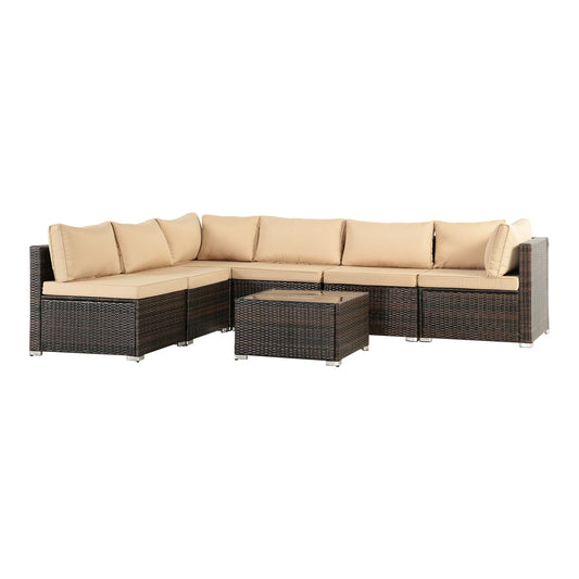 7 Piece Outdoor PE Wicker Furniture Set, Patio Black Rattan Sectional Sofa Couch With Washable Cushions