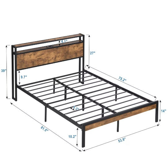 Full Size Metal Platform Bed Frame With Wooden Headboard And Footboard With USB LINER Box Spring Needed