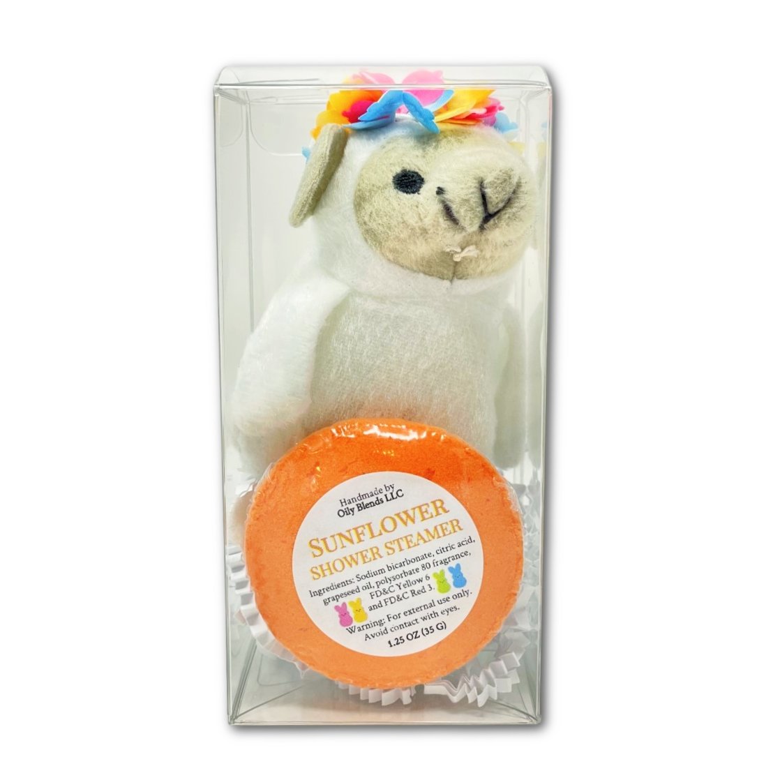 Gift Set With Easter Shower Steamers and Halo Plushy in Clear Box - Oily BlendsGift Set With Easter Shower Steamers and Halo Plushy in Clear Box