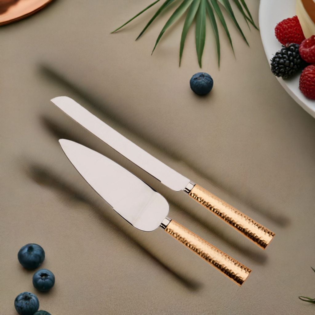 Gold Hammered Handle Cake Knife & Server Set