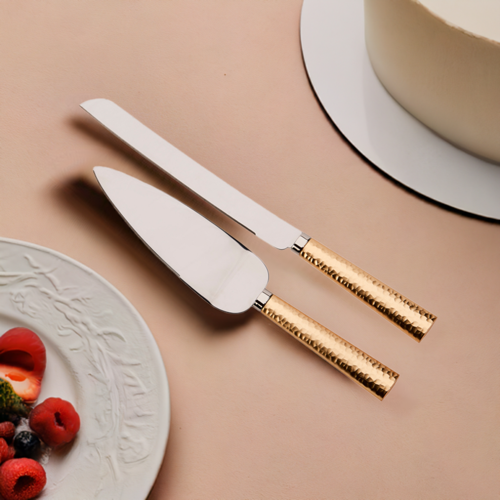 Gold Hammered Handle Cake Knife & Server Set