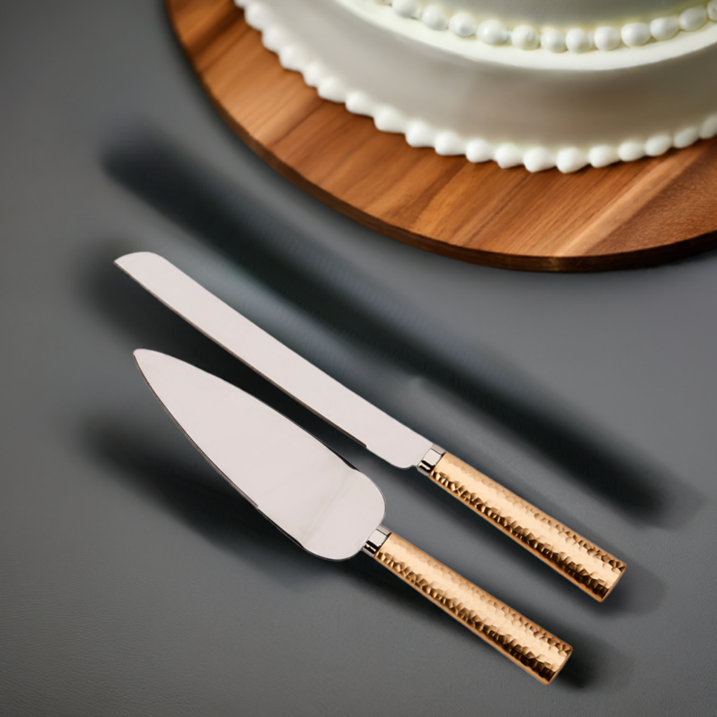 Gold Hammered Handle Cake Knife & Server Set