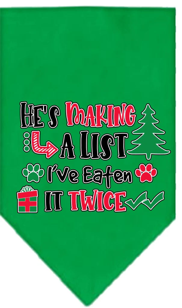 Christmas Pet and Dog Bandana Screen Printed "He's Making A List, I've Eaten It Twice"