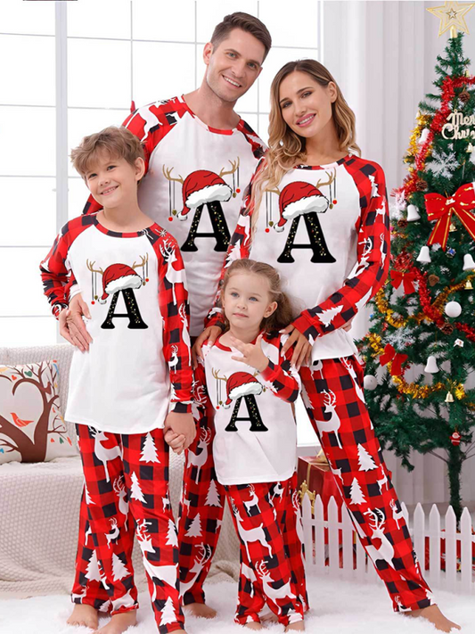 Christmas Parent-Child Pajama Set Santa Hat Alphabet Printed Loungewear (A-Z letters are optional)