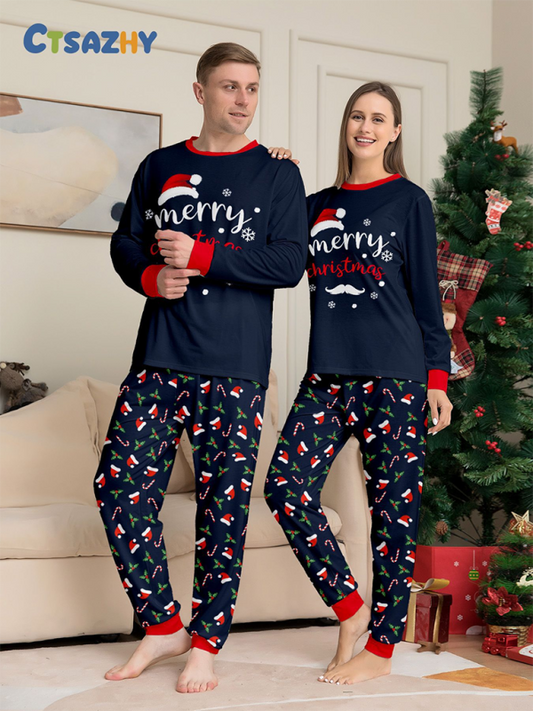 Christmas loungewear parent-child suit Christmas hat printing holiday party dress (mom and dad)