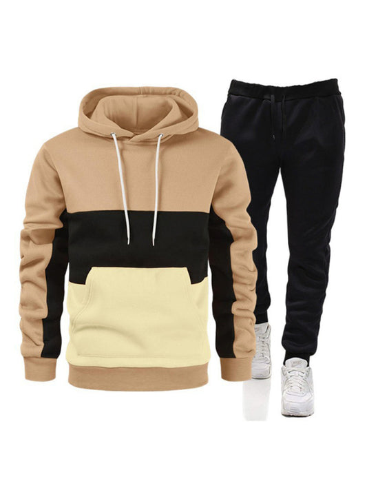 Spliced color men's hoodie sweatshirt loose casual suit