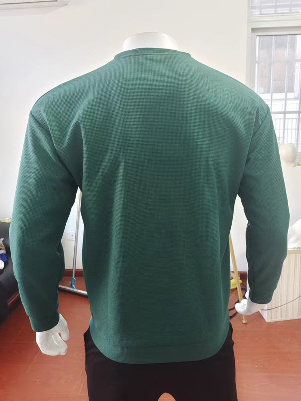 New men's solid color waffle all-match thin round neck long-sleeved sweater