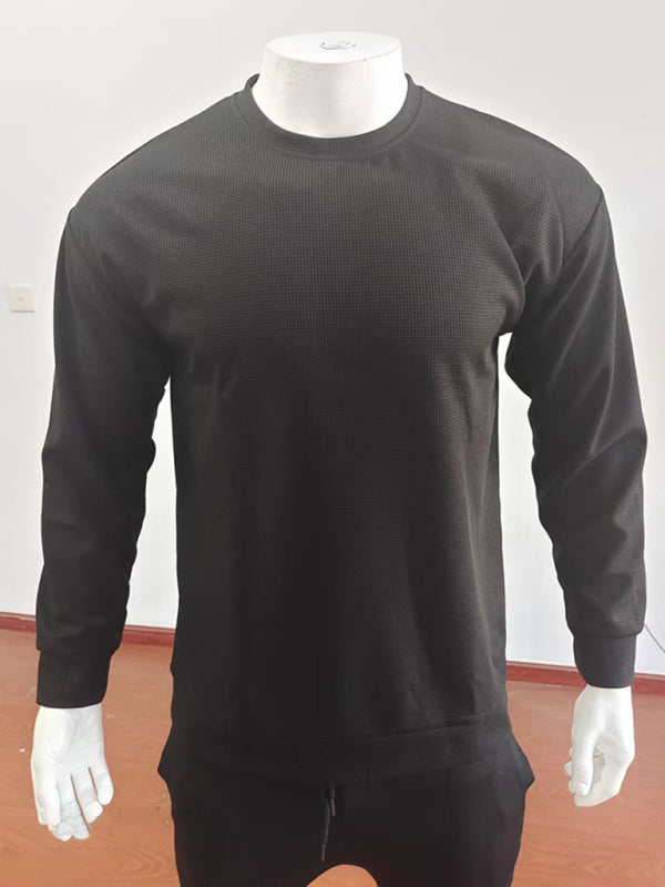 New men's solid color waffle all-match thin round neck long-sleeved sweater