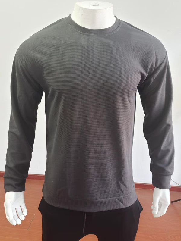 New men's solid color waffle all-match thin round neck long-sleeved sweater