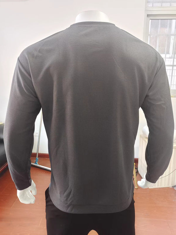 New men's solid color waffle all-match thin round neck long-sleeved sweater