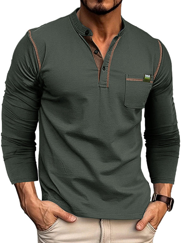 New Men's Henley Color Block Knitted Long Sleeve T-Shirt