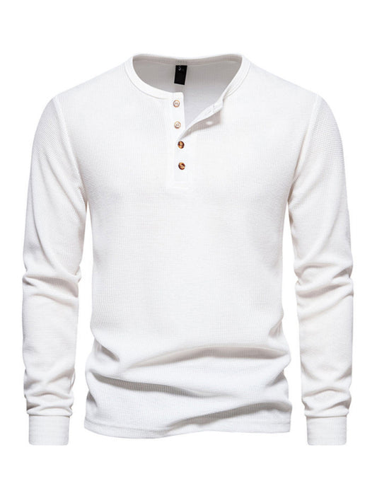 Men's Four Button Waffle Henley Neck Long Sleeve T-Shirt