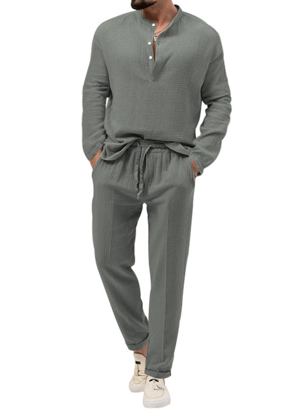 Men's new solid color casual long-sleeved shirt and trousers suit