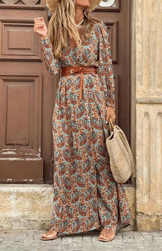 Women's V-neck long-sleeved printed long dress (with belt)